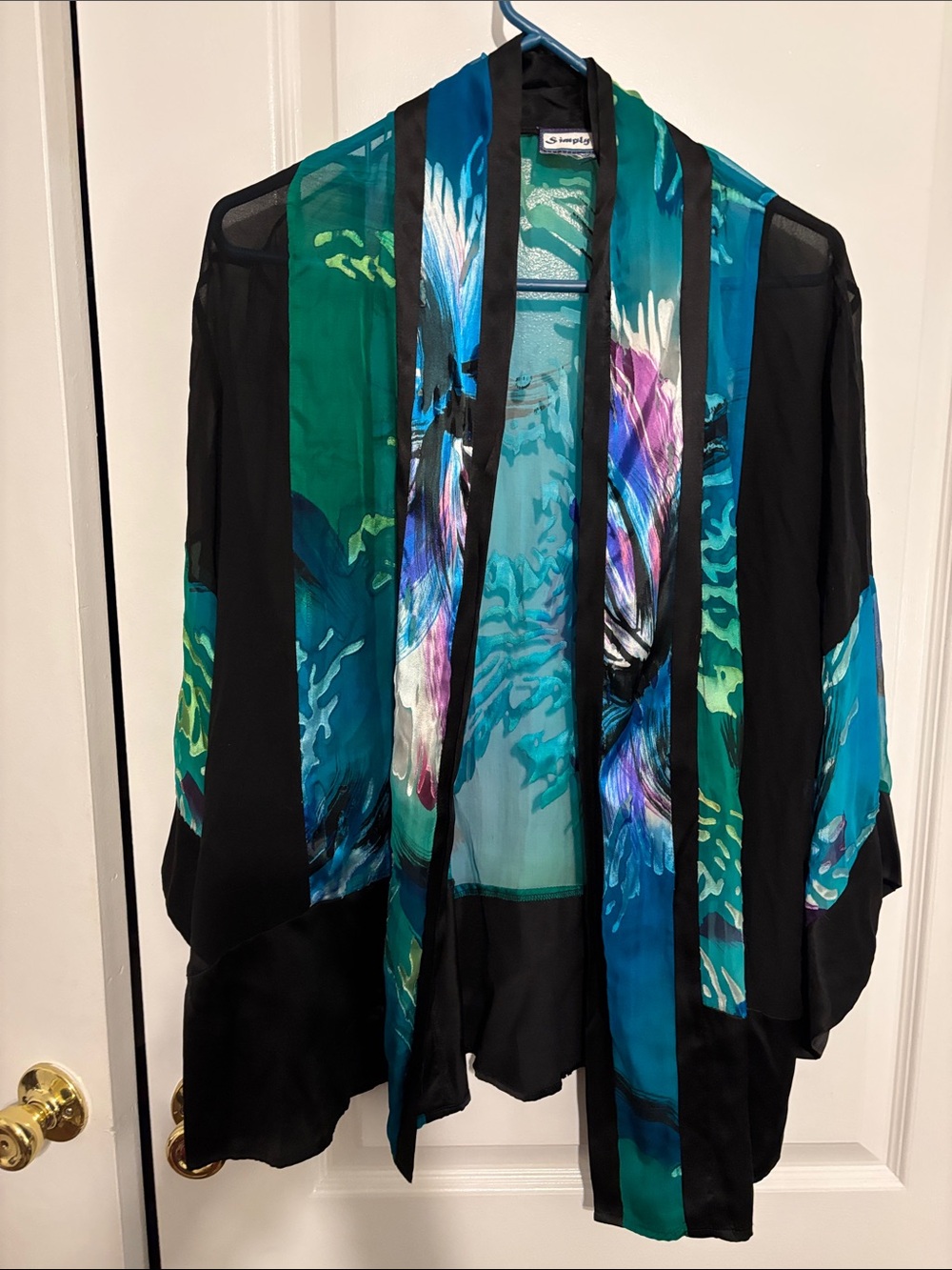 Simply Silk Teal & Black Floral Silk Kimono Cardigan